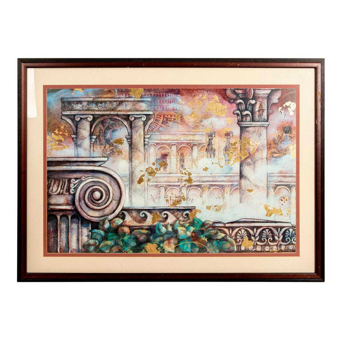 Original Mixed Media Architectual Abstract: Rich colors and texture displayed in this bold and fascinating artists impression of Roman architectural elements and foliage laced in gold leaf throughout. Originally displayed in a well established 