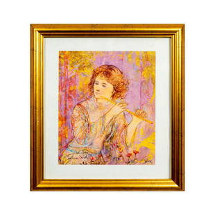 Edna Hibel (American 1917-2014) Signed Fine Art Reproduction: Titled: "Informal Music." Limited Edition. Featuring young woman holding a flute. Signature lower left and lower right. Sight Size: 10"L x 8"H. Frame Size: 15"L x 13"H. Frame Depth: 1." Frame is gold