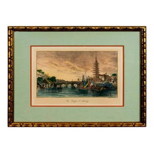 Thomas Allom (English 1804-1872) Lithograph on Paper: Artist printed name on bottom left corner. Housed in a gilded frame with green matte. Depicts The Bridge of Nanking. Engraved by J.B. Allen, shown on the bottom right corner. Titled 'The Bridge of