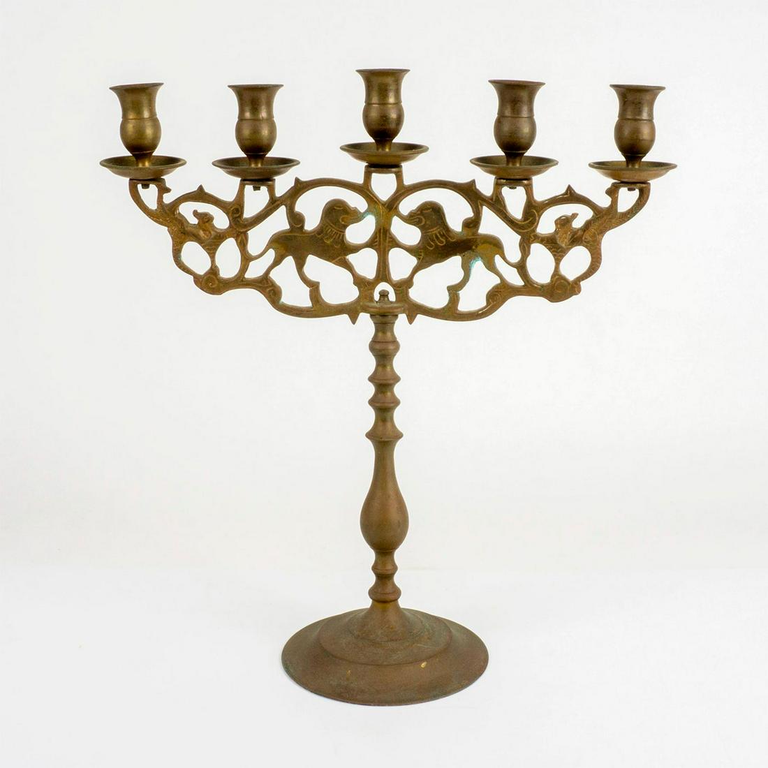 Vintage Brass 5 Arm Chinese Lion Dog Candelabra (1 of 3)