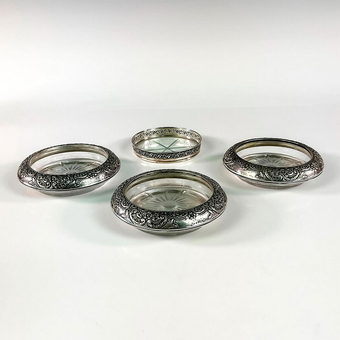 4pc Vintage Frank Whiting Sterling Silver Glass Coasters (1 of 3)
