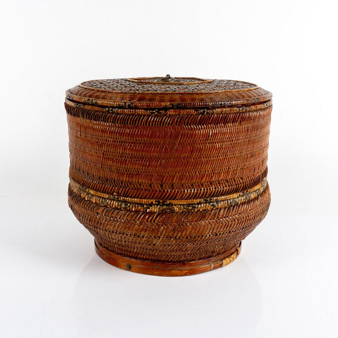 Antique Chinese Two Tired Whicker Sewing Basket Round w Lid (1 of 7)