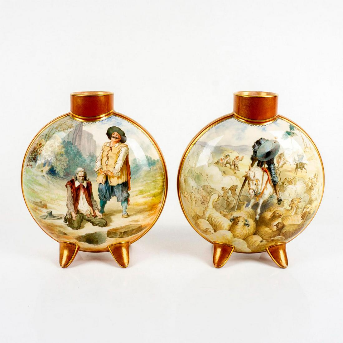 Pair of Vintage Doulton Gilded Moon Flasks, Don Quixote: Rare hand-painted footed vases depicting scenes from Don Quixote. Brown and gilded gold coloration. Doulton impressed stamps. Dimensions: 4.25" L x 8.25" W x 9.75" H Manufacturer: Doulton Country of O