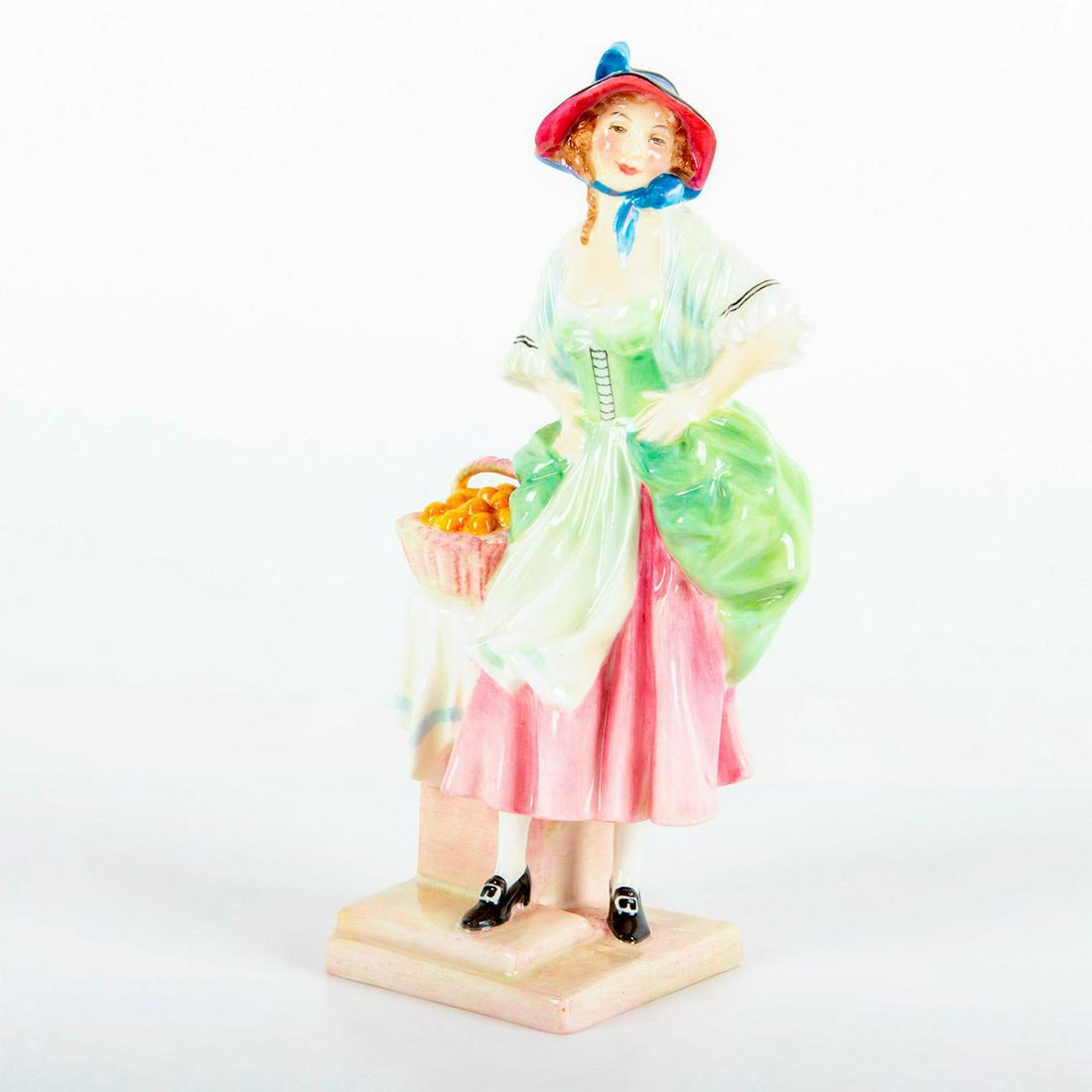 Nell Gwynn HN1882 - Royal Doulton Figurine: Woman with basket of oranges, Green, pink and white coloration; glazed finish. Royal Doulton backstamp. #figurine Weight: 9 oz Artist: Leslie Harradine Issued: 1938-1949 Dimensions: 7"H Manufacturer: 