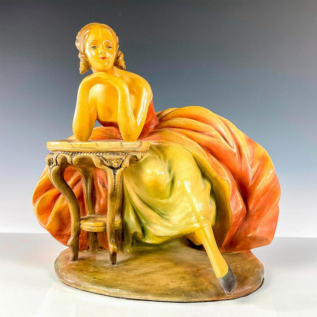 Guido Cacciapuoti Figure, Reflective Moment: Depicting a lovely woman seated in a large gown leaned on the table. Cacciapuoti signed on base. Artist: Guido Cacciapuoti Issued: Early 20th c. Dimensions: 11"H Country of Origin: Italy