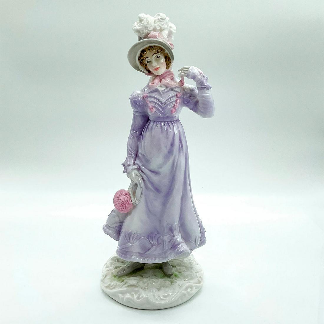 Royal Worcester Figurine, 1818 The Regency: Limited edition fine bone china that is part of the Walking - Out Dresses Of The 19th Century. Depicts gal in a beautiful lavender dream with soft pink touches and hand bag with matching bonnet. Royal