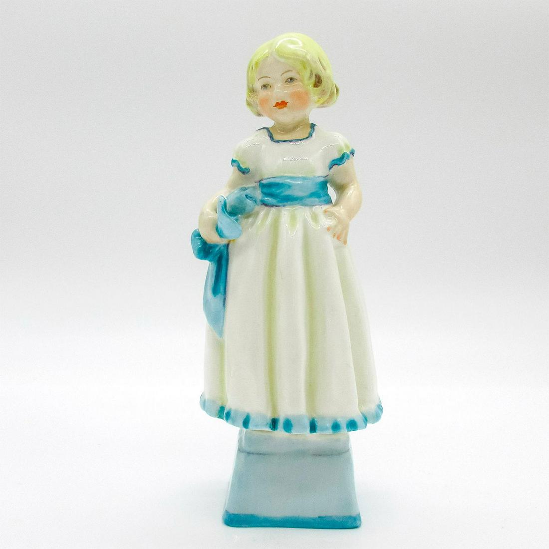 Royal Worcester Figurine, Monday's Child 3257: Bone china figurine of blonde girl wearing white dress with blue trim and bow. Royal Worcester backstamp. Issued: 20th c. Dimensions: 7"H Manufacturer: Royal Worcester Country of Origin: England