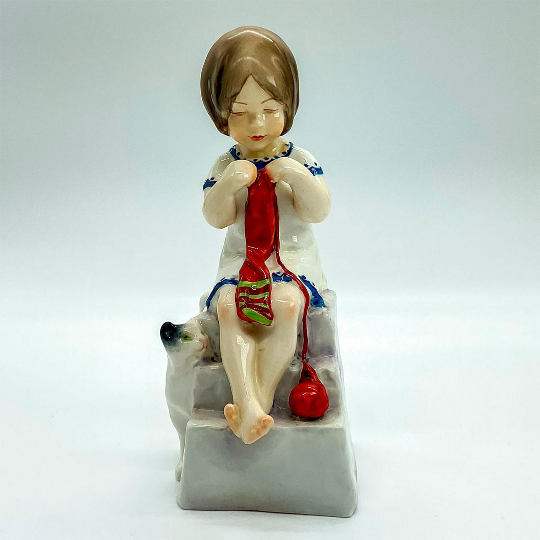 Royal Worcester Figurine, Saturdayï¿½s Child Works Hard: Modeled as Saturdayâ€™s Child Works Hard For a Living. Bone china depicting a young girl seated, making a yarn scarf. Royal Worcester backstamp. Issued: 20th c. Dimensions: 2.25"L x 2"W x 5.5"H M