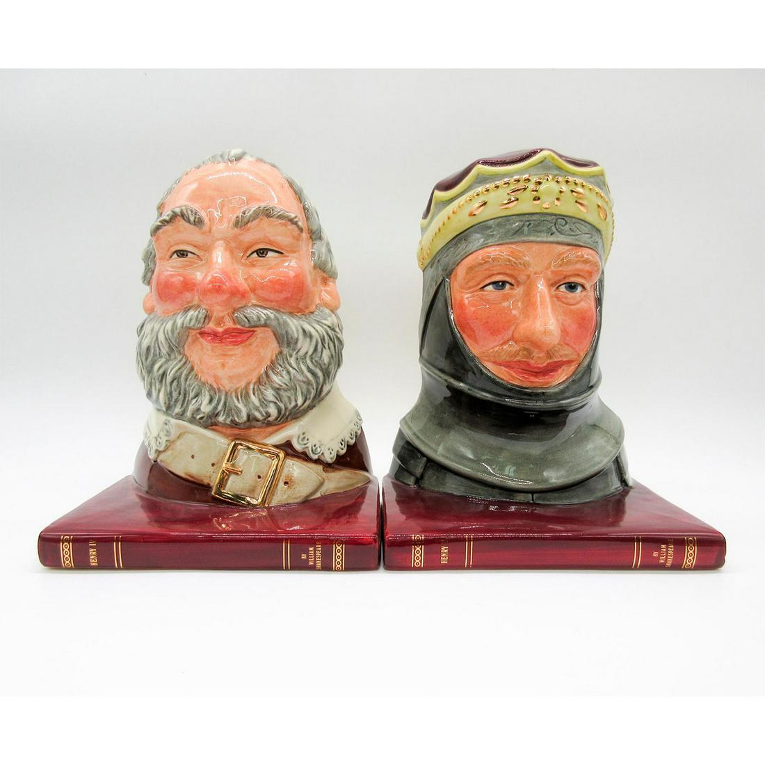 Falstaff D7089 and Henry V Pair D7088 - Bookends - Royal Doulton: Set includes: Henry V- grey, maroon, yellow and gold; Falstaff- maroon, white, grey and gold, red book covers. Royal Doulton backstamp. Artist: David B. Biggs Issued: 1997 - 2001 Manufacturer: Royal D