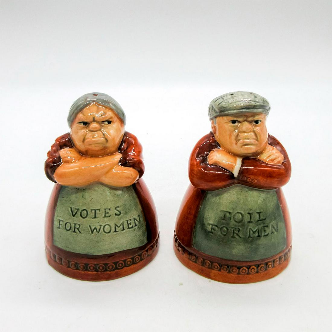 Votes and Toil D7066 & D7067 - Salt & Pepper Shakers - Royal Doulton: Brown and green coloration. Artist: William K. Harper Issued: 1996 Dimensions: 3"H Manufacturer: Royal Doulton Country of Origin: England