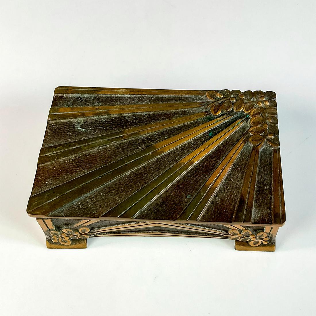 Vintage Aedel Malm Brass and Wood Lined Jewelry or Cigar Box: Beautifully decorated with geometric and floral design to metal frame and hinged lid. Inside is lined in wood. Aedel impressed backstamp and factory sticker. Dimensions: 6"L x 3.75"W x 1.75"H Manufact