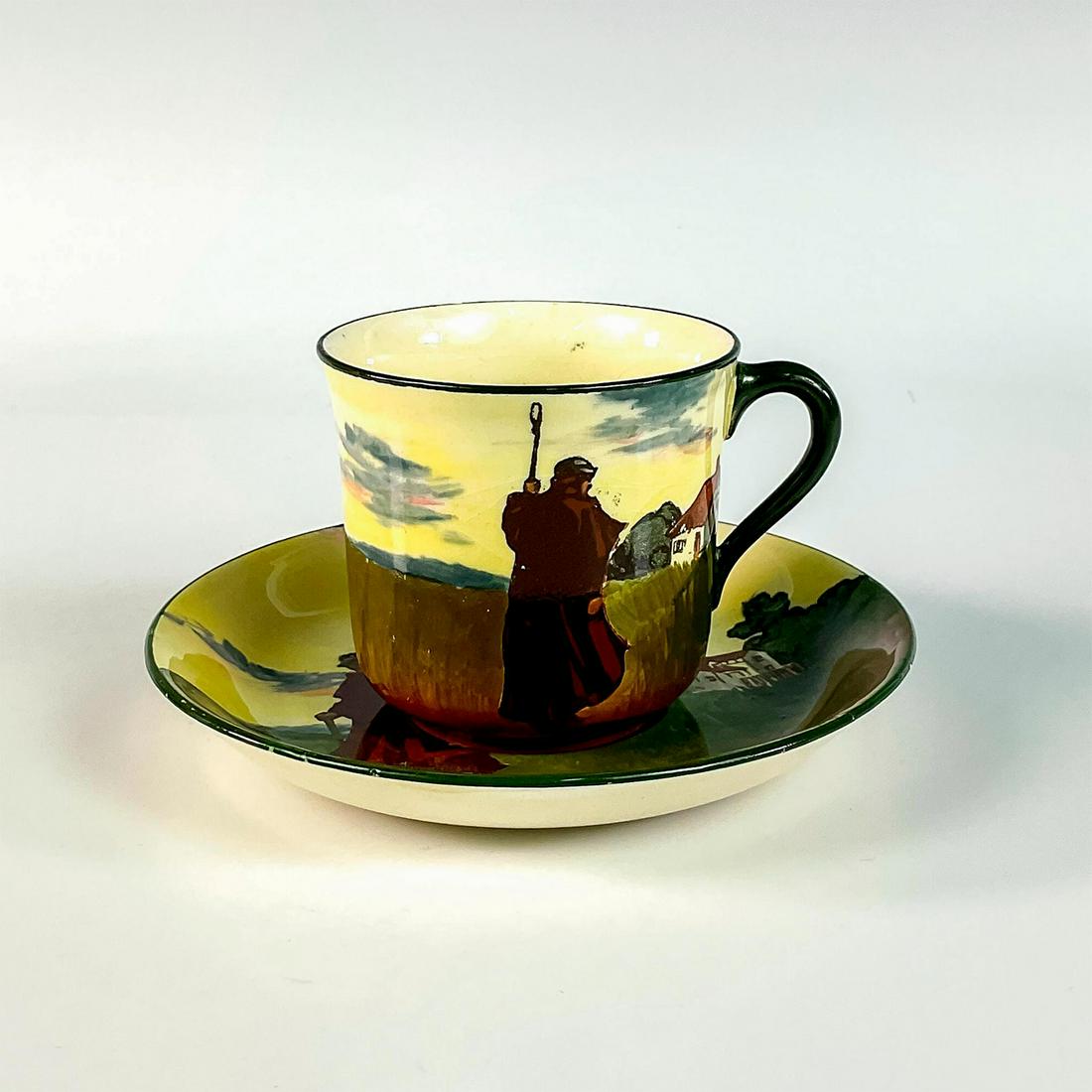 Royal Doulton Series Ware Teacup and Saucer, Shepard: Beautiful hand decorated teacup and saucer depicting a shepherd walking in a twilight lit field with lantern. Royal Doulton D3350 backstamp. Teacup 4"W x 2.5"H; saucer 5.5"D. Issued: 1930 Manufacturer