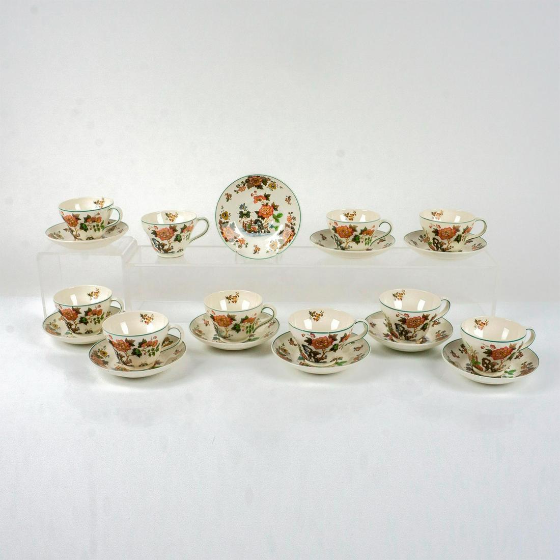 20pc Vintage Wedgwood Tea Set, Eastern Flowers Pattern: Bone china tea set with eastern styled flowers, garden scenes, and green bands. Set includes ten teacups and ten saucers. Teacups 2.5inH. Saucers 5.5inW Wedgwood backstamps. This item has no reserve. 