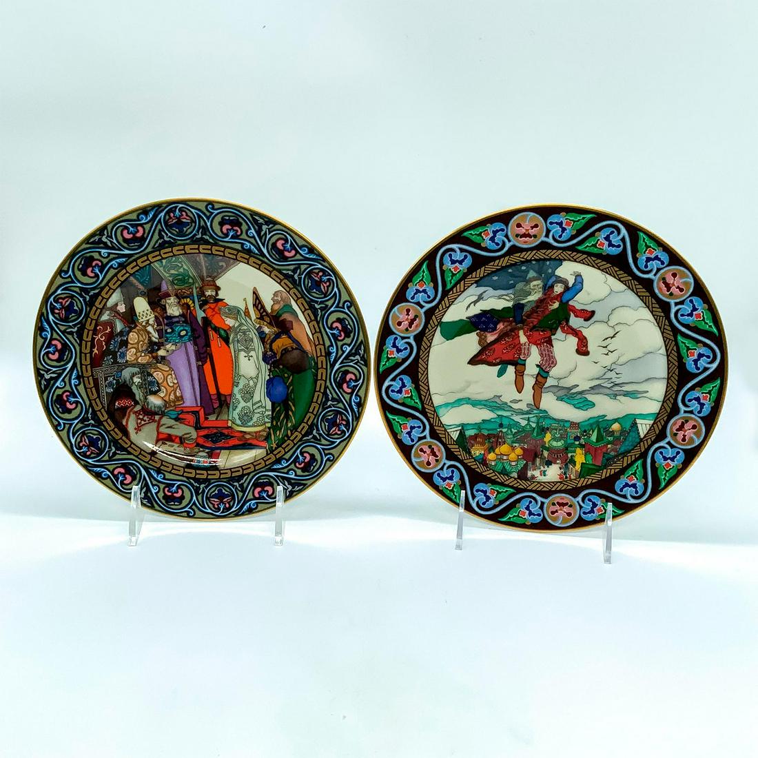2pc Vintage Heinrich Villeroy and Boch Decorative Plates: Part of the Russian Fairy Tales Collection. Includes: The Snow Maiden, and Maria Morevna. Heinrich Villeroy and Boch backstamp. Dimensions: 8.25"Dia. Edition Number: 27,500 Manufacturer: Villeroy and