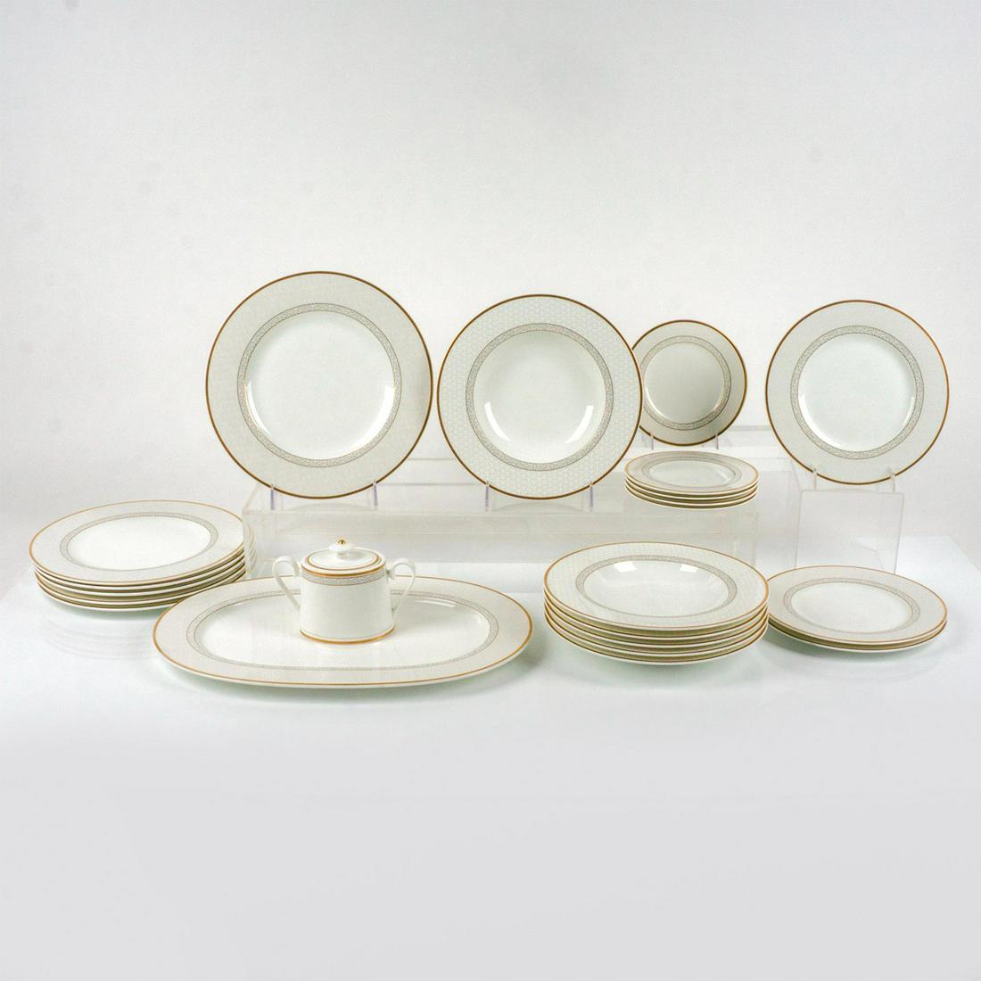 22pc Villeroy & Boch Bone China Dinnerware Set, Kimono: Chateau Collection; white with gilded gold trims and gray geometric shapes. Villeroy & Boch backstamps. (1) Oval serving platter: 16.5in x 11in x 1in. (1) Covered sugar bowl: 6in x 3.5in x 4in. (6) Di