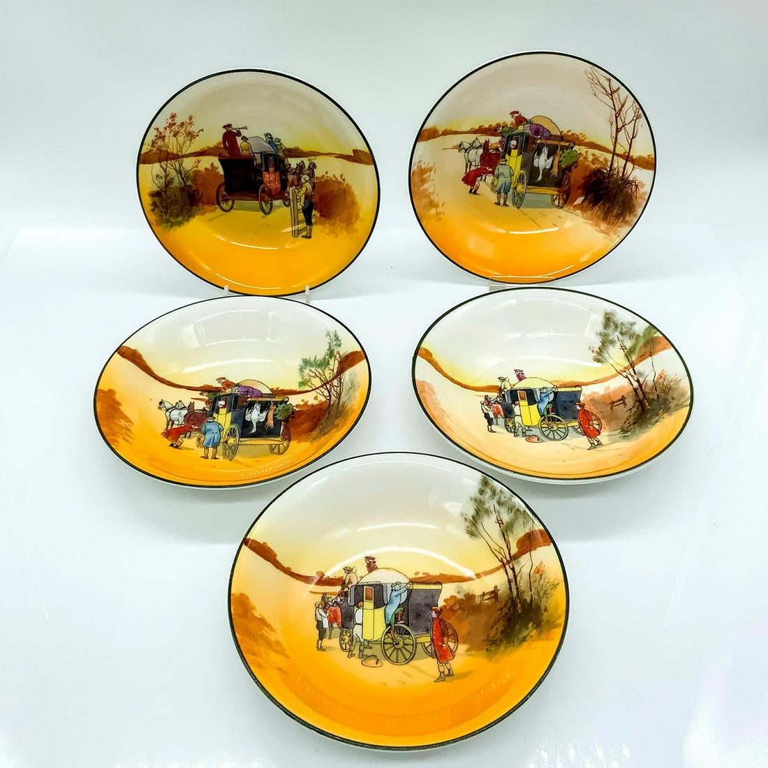 5pc Royal Doulton Porcelain Small Bowls, Coaching: Lovely set of small bowls depicting travelers on horse drawn carriages on a sepia tone landscape. Royal Doulton factory mark on the bottom of all bowls. Pattern No. 3804 Bowls: 5.5in D x 1.25in H. Iss