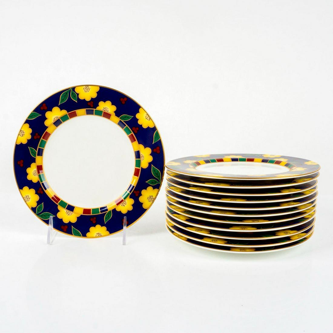 12pc Mikasa Salad Plates Set, Tea Ceremony Cobalt Blue: A6502. Vintage. In multicolored floral pattern, with white center and gold accents. Bone china. Mikasa backstamp. This item has no reserve. Artist: Cathy Hardwick Dimensions: 7.5"Dia. Manufacturer: Mi