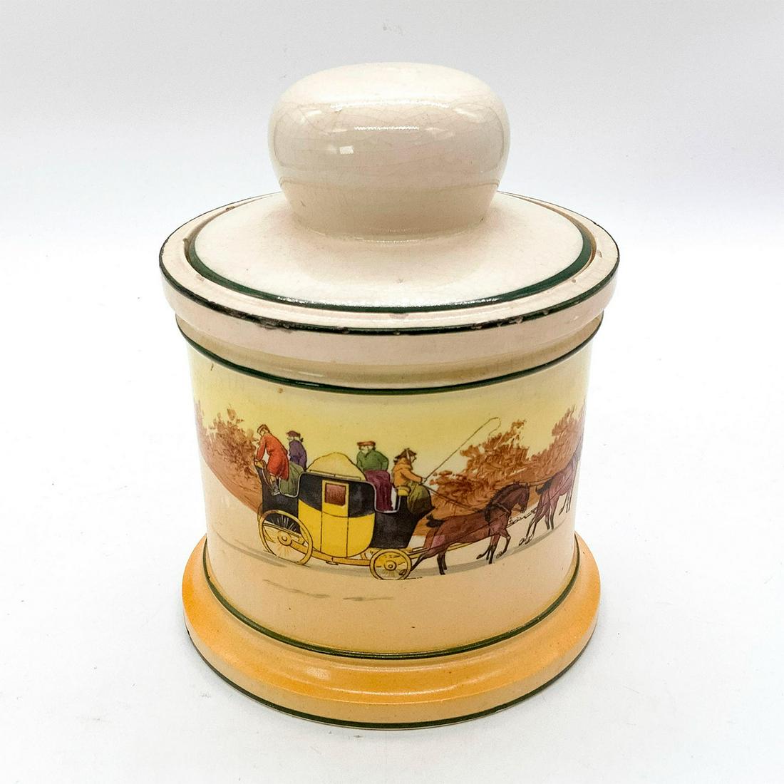 Vintage Royal Doulton Tobacco Jar with Lid, Coaching Days: Seriesware, D2716. Decorated with scene of passengers about to leave by coach in the countryside. Royal Doulton backstamp. Dimensions: 5.75"H x 4.75"Dia. Manufacturer: Royal Doulton Country of Origin: