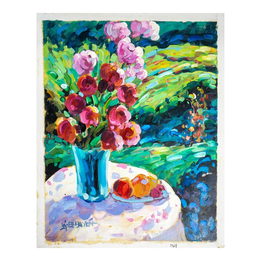 Lisandro Baylon (Argentinian, b.1951) Oil on Canvas Painting: Unstretched Canvas. Artist signature lower left. Depicting still life of flowers and fruit on a table. Canvas size: 22.75"L x 26.75"H. Image size: 20.5"L x 24.25"H. #LisandroLopezBaylon #Painting Arti
