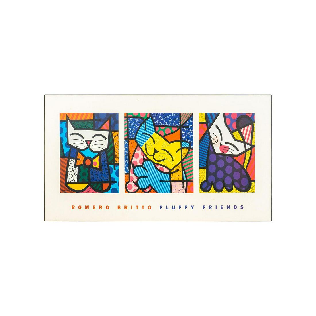 Romero Britto Fluffy Friends Fine Art Print on Board: Featuring three images of cute colorful cats. Measures 40" x 19.5".