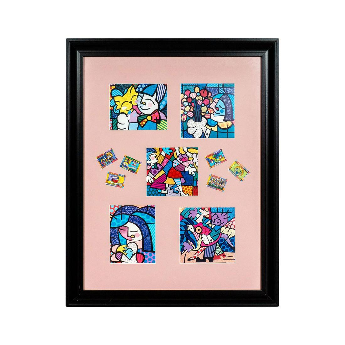 Romero Britto Mixed Media Collage: Featuring five fine art prints with iconic Britto's artworks along with six postal stamps. Measures 28" x 23" including frame.