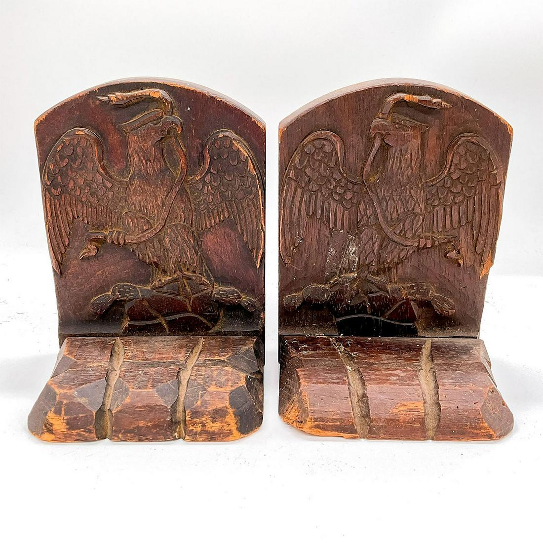 2pc Vintage Hand Carved Bookends, Mexico Coat of Arms (1 of 6)