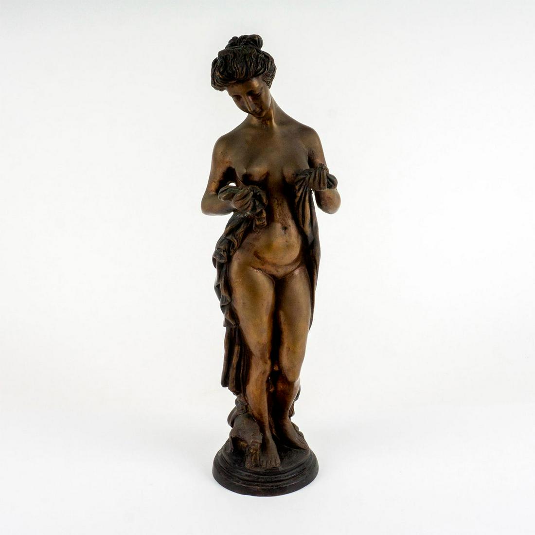 After Bruno Zach (Austrian, 1891-1935) Large Bronze Sculpture Nude with Monkey: Large figure of a nude female wrapped in a towel with a monkey by her feet. Dimensions: 6.75" L x 19" H
