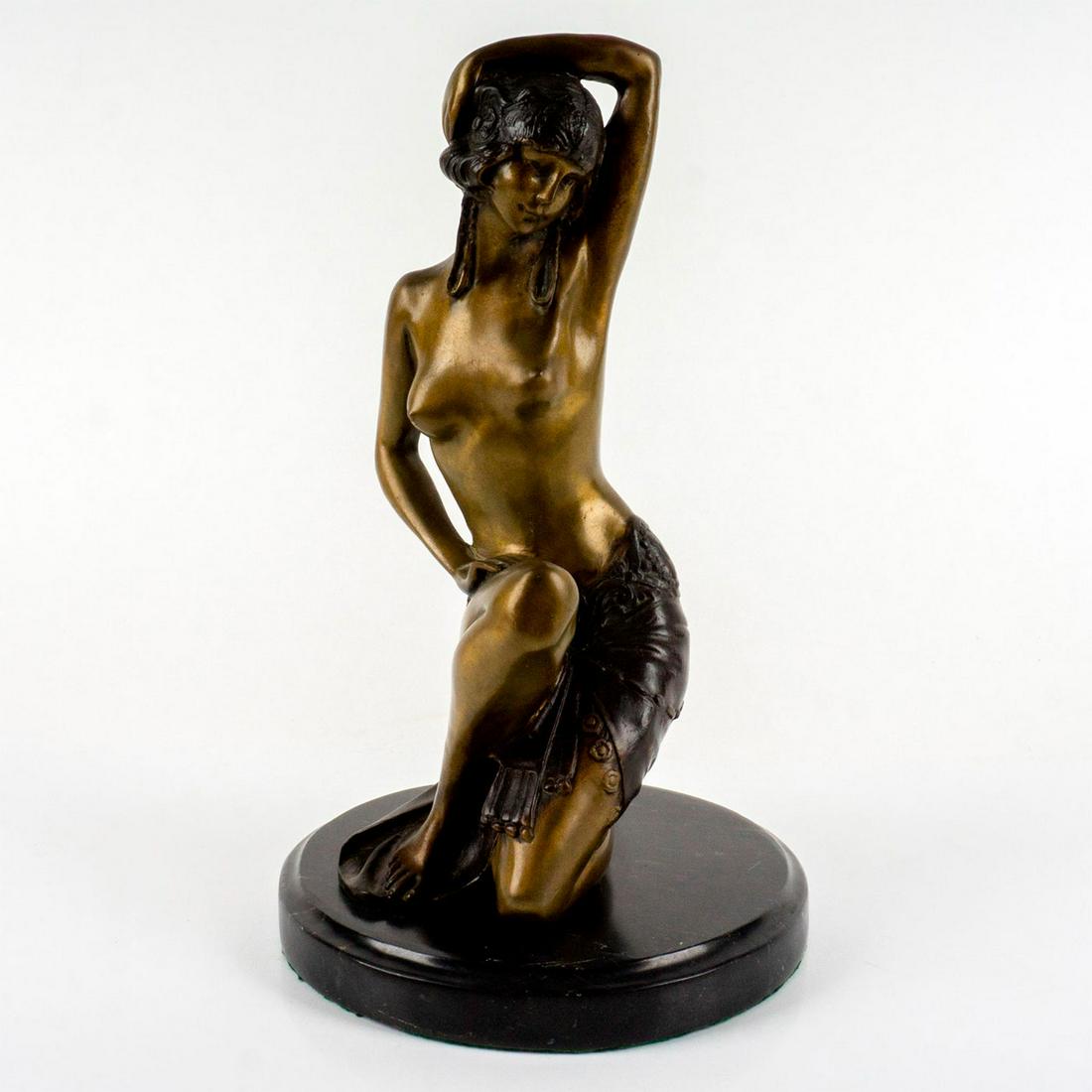 After Ferdinand Preiss (German, 1883-1943) Bronze Sculpture: Art Deco figure modeled as partially nude woman kneeling, with one arm over her head. Signed "R. Preiss" to back. Attached to natural stone base with green felt. Dimensions: 13.75" H x 8"W