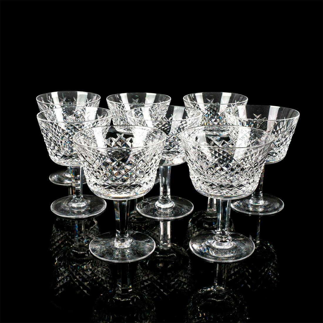 8pc Waterford Crystal Cordial Glasses: Clear lead crystal glasses cut in a lively geometric design. Waterford acid etched back stamp. Issued: 20th c. Dimensions: 4"H x 3"Dia. Manufacturer: Waterford Country of Origin: Ireland