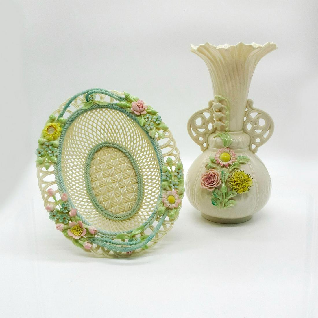 2pc Irish Belleek Floral Accented Porcelain Vase/Bowl Set (1 of 3)