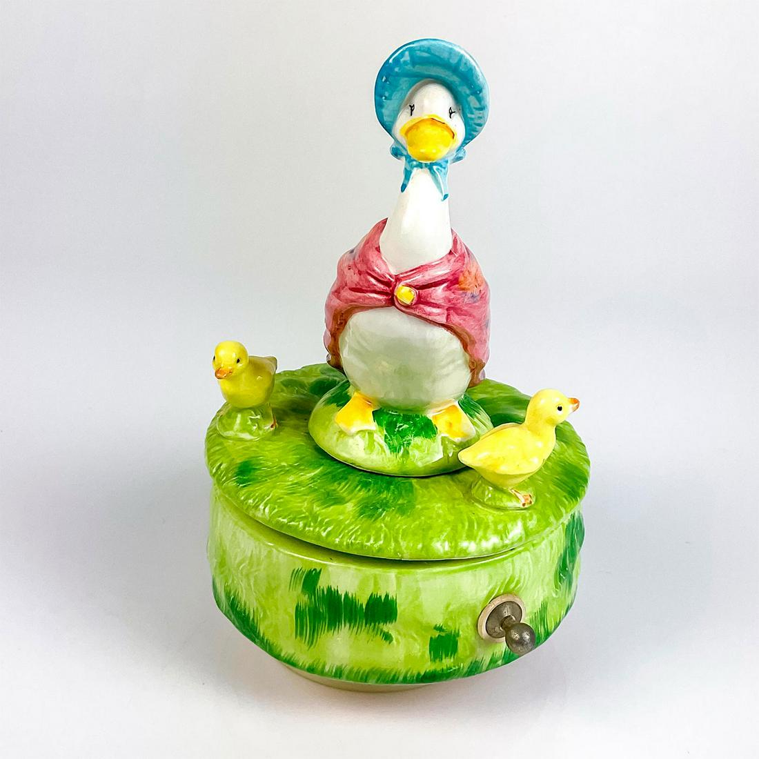 Schmid Music Box Figurine, Jemima Puddle Duck: Beatrix Potter Collection. Musical Collectibles. Hand Painted. Plays "These Are A Few Of My Favorite Things" tune. Rare rotating music box. F. Warne & Co. and Schmid backstamps. Issued: 1983 Dimension