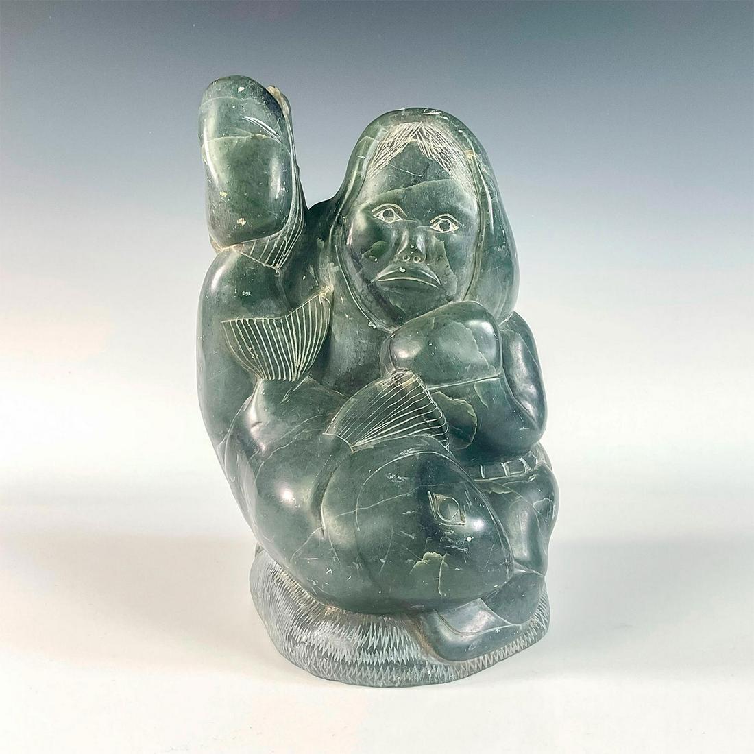 Artist Signed Inuit Soapstone Sculpture, Hunter with Fish (1 of 5)