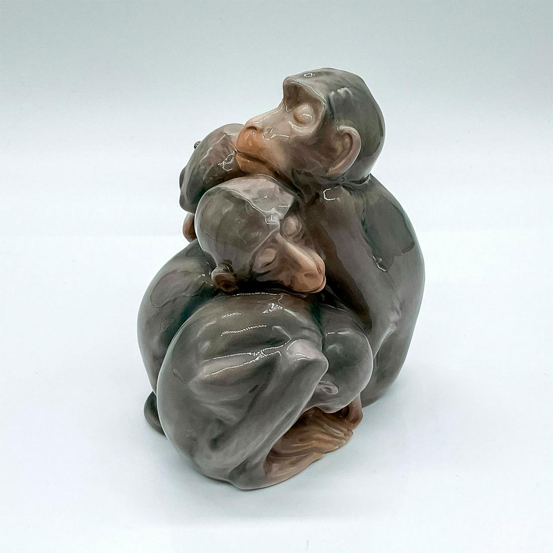 Bing and Grondahl Porcelain Figurine, Sleeping Monkeys: Group figure of four monkeys sleeping in a cuddle. 1581; Bing and Grondahl backstamp. Artist: Ingeborg Plockross-Irminger Issued: c. 1948-1951 Dimensions: 4"L x 4"W x 4.5"H Manufacturer: Bing & Gronda