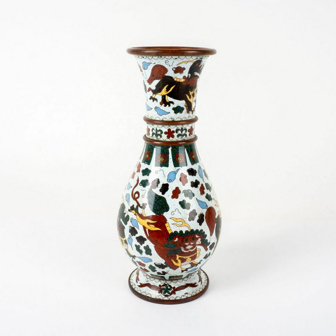 Signed Antique Chinese Cloisonne Vase: Exquisite Chinese cloisonne vase depicting mythological creatures on an off white body. Marked on the bottom. Minguo period republic era. Dimensions: 4.5"W x 10."H