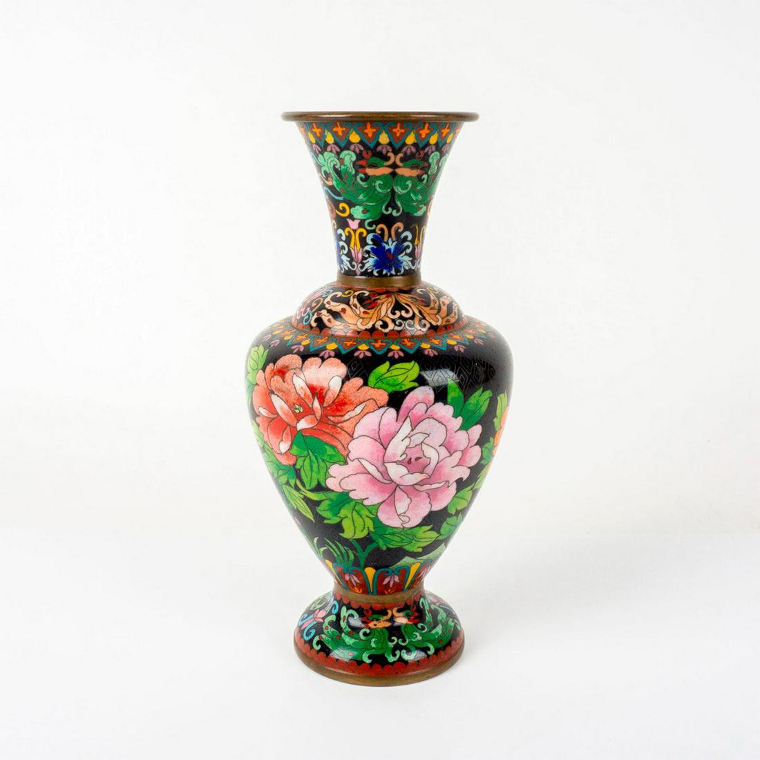 Antique Chinese Cloisonne Enamel Vase: Beautiful red and pink floral decorations on a black body. Minguo period republic era. Dimensions: 6"W x 12"H