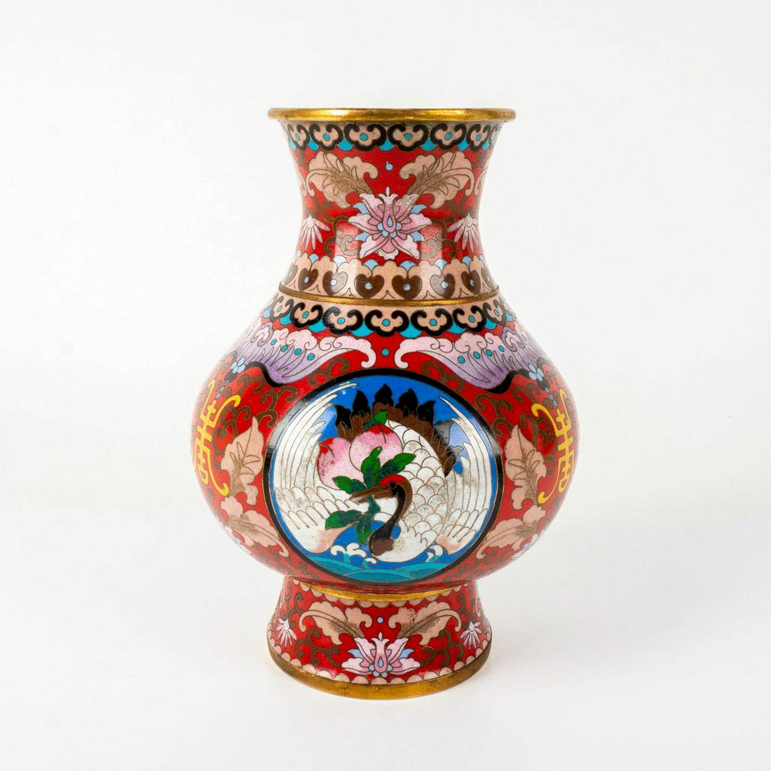 Antique Chinese Cloisonne Enamel Vase: Beautiful mythological birds along with various floral and geometric designs on a ruby red body. Minguo period republic era. Dimensions: 7"W x 10.5"H