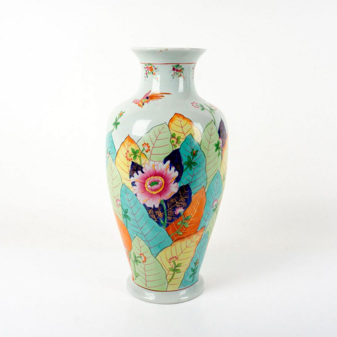 Vintage Chinese Porcelain Floral Palatial Vase: Beautiful white vase with gilded gold accents; decorated in floral blossoms with bright bulbous leaves and pheasants. Dimensions: 9"W x 18.75"H Country of Origin: China