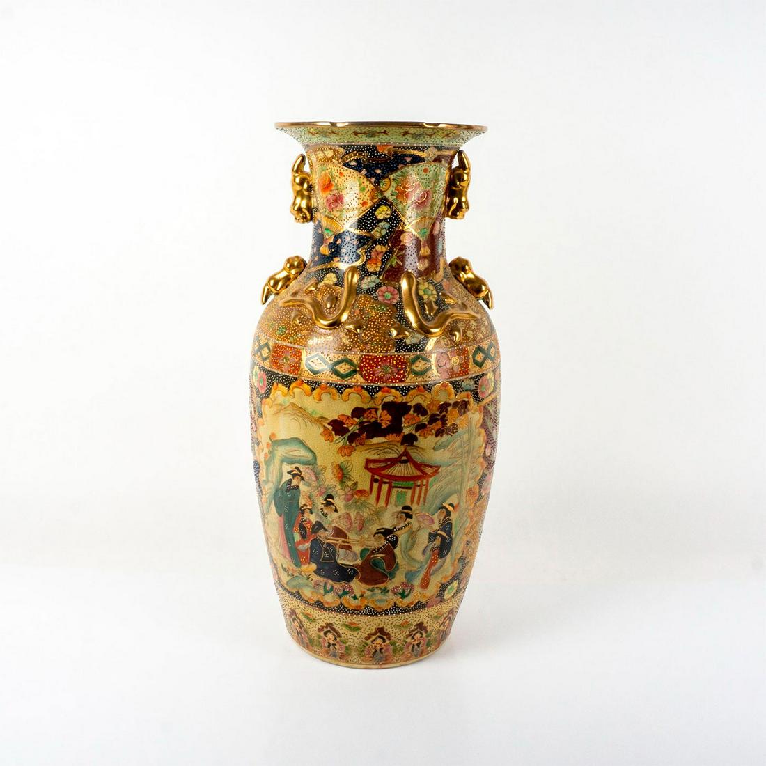 Vintage Satsuma Style Palatial Vase: An impressive porcelain Japanese-style vase depicting geishas in a courtyard; decorated with painted flowers and fans; gilded gold painted accents. Red Chinese characters and ï¿½Made in Chinaï¿½