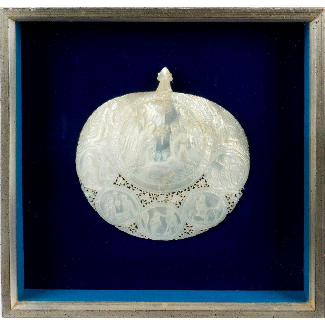 Framed Carved Mother of Pearl Shell, The Holy Family (1 of 4)