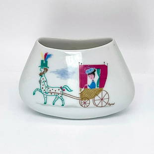 Rosenthal Vase Raymond Peynet Centaur and Lady in Carriage: Small porcelain narrow vase with draw picture on front. Dimensions: 4.5"L x 2"W x 3"H Country of Origin: Germany