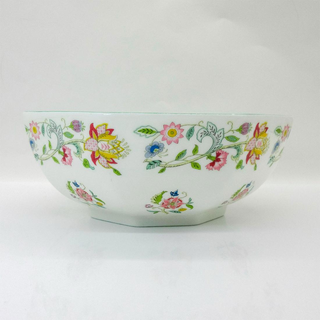 Minton Bone China Bowl, Haddon Hall: Serving bowl with lively colorful floral design. Minton backstamp. Issued: 20th c. Dimensions: 3.25"H x 8.75"Dia. Manufacturer: Minton Country of Origin: England