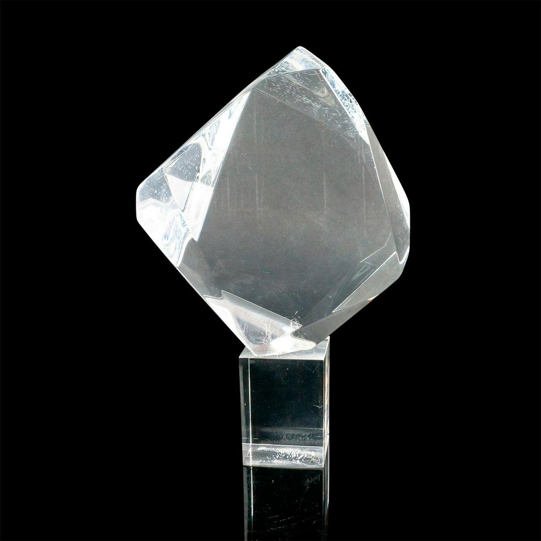 Signed Hivo Van Teal (Cuban) Lucite Sculpture: Colorless Lucite sculpture modeled as a large gem with irregular facets; Lucite block base. Artist signature on base. Artist: Hivo Van Teal Dimensions: 3"L x 10"W x 14"H
