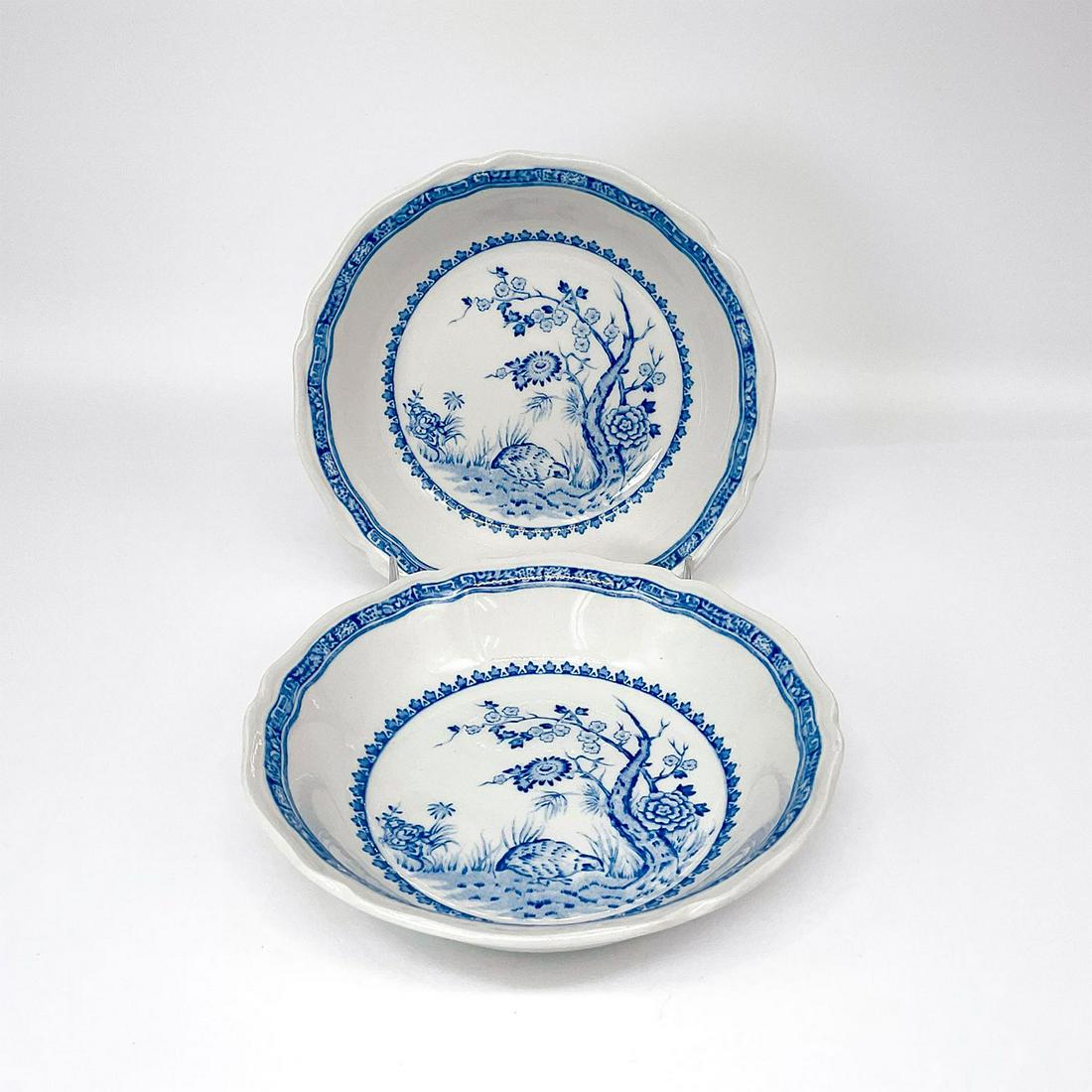 2pc Mason's China Fruit/Dessert Bowls Quail Blue: Birds, flowers, scalloped edge. Mason's backstamp. Dimensions: 1.25"H x 5.25"Dia. Country of Origin: England