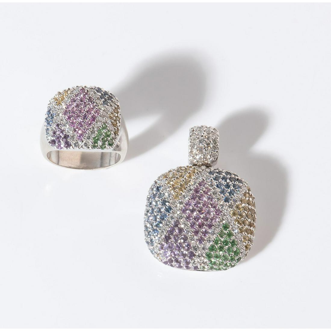 18k White Gold Pendant and Ring with Diamonds and Stones, Set (1 of 20)