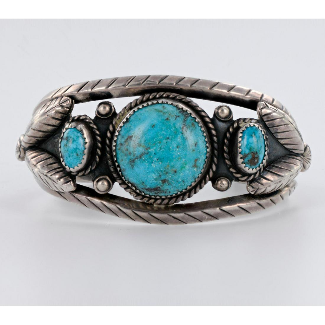 Turquoise and Silver Old Pawn Tribal Bracelet (1 of 2)