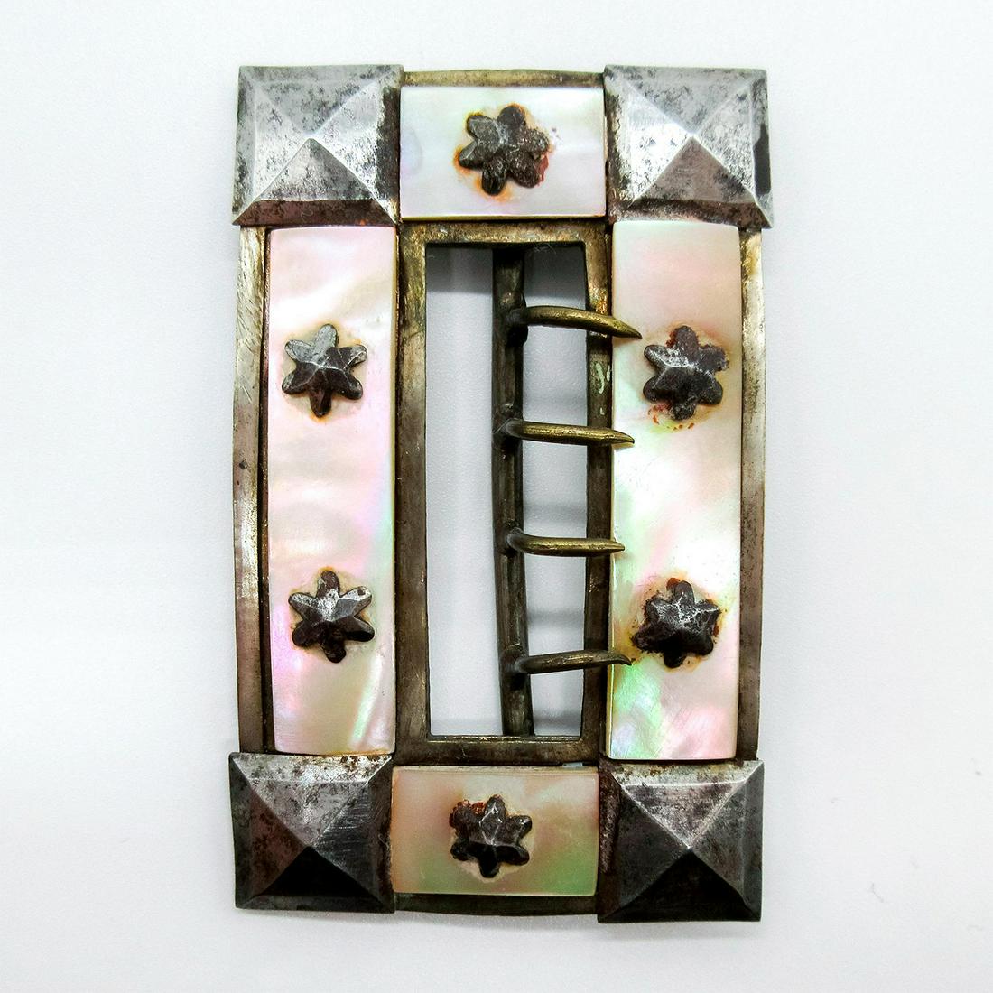 Silver Plated Decorative Sash Pin Belt Buckle: Rectangular sash pin; silver tone metal square corners, and embellished stars attached to iridescent segments. Weight: 28g Dimensions: 1.75"W x 2.75"H