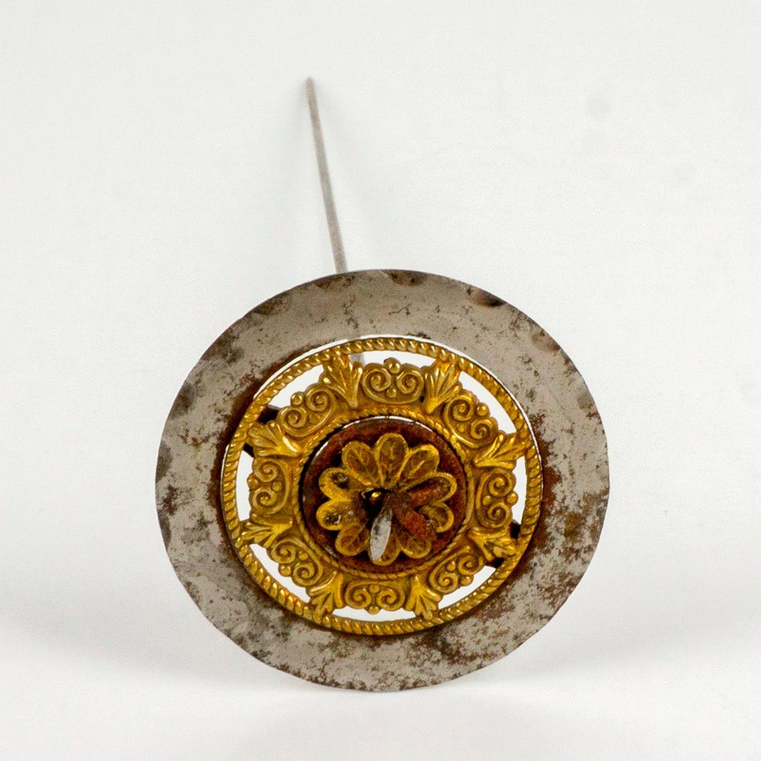 Vintage Steel and Brass Hat Pin, Flower on Medallion (1 of 3)