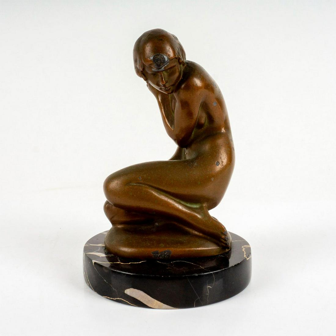 Vintage Art Deco Bronze Sculpture On Black Marble Base, Female Figurine: Nude model covering her chest with one bent arm. Dimensions: 5.75" H