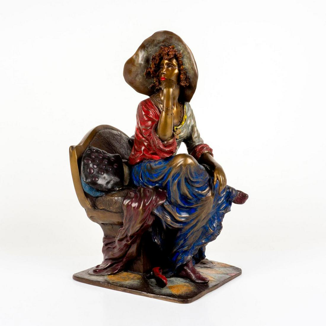 Isaac Maimon Painted Bronze Sculpture, Lady With Sun Hat (1 of 4)