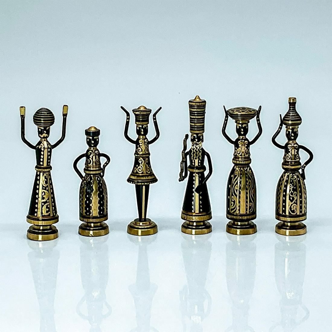 6pc Hans Teppich (Israel 1904-1983) Judaica Brass Figurines: A collection of six Israeli miniature patinated brass figurines by Hans Teppich. The figurines depict Biblical people, Rachel, Shulamith, Sarah, Aron, Josua, Semadar. Each figurine is marked with a la